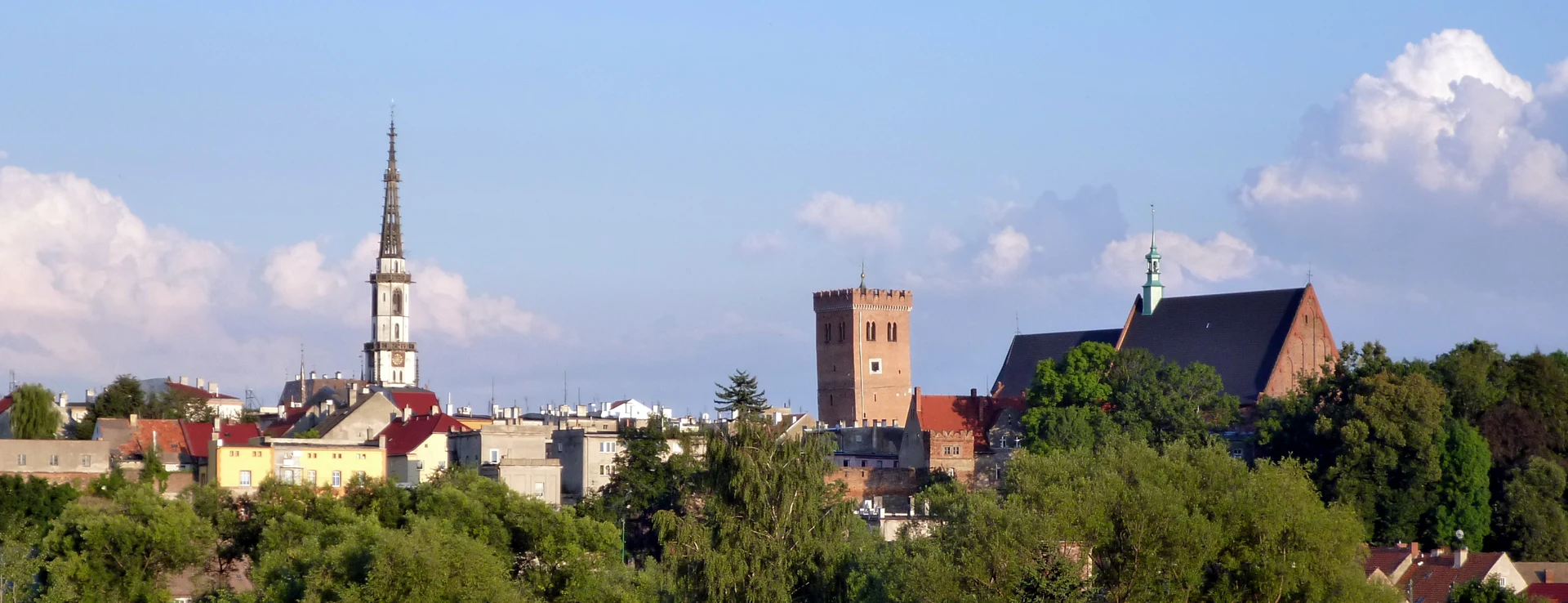 Panorama Ząbkowic Śląskich z ratuszem, Krzywą Wieżą i kościołem św. Anny wśród zieleni